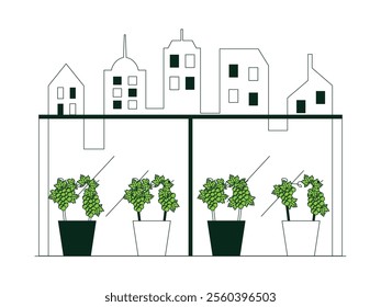 Cultivating grapes in the city by planting them in pots and placing them on the rooftop of a house, vector illustration of urban farming.