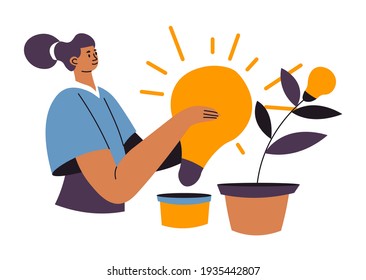 Cultivating and growing ideas in business and projects. Female character holding light bulb taking it from pot. Generating new inventions and thinking on future development. Vector in flat style