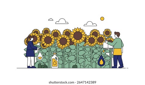Cultivando a felicidade Uma representação visual da produção de óleo de girassol e práticas agrícolas alegres