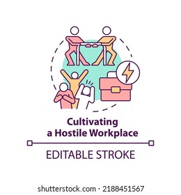 Cultivating hostile workplace concept icon. Unethical organizational behavior abstract idea thin line illustration. Isolated outline drawing. Editable stroke. Arial, Myriad Pro-Bold fonts used