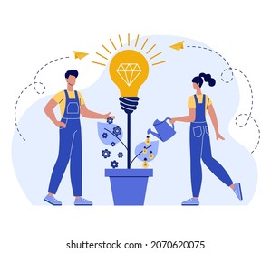 Cultivating Idea. Concept Flat Vector Illustration. Team Brainstorming, Idea Management, Project Management, New Idea Generation, Startup Collaboration, Find Solution, Product Development.