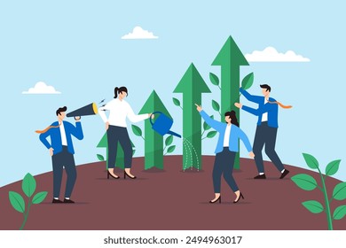 Cultivating market growth, nurturing business strategies, data-driven success, collaboration planning concept vector illustration. Team of analysts planting and watering garden of upward bar graphs