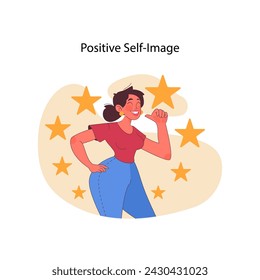 Cultivating a positive self-image concept. Embracing confidence and self-acceptance. Celebrating personal strengths and achievements. Fostering a sense of self-worth and empowerment. Flat vector