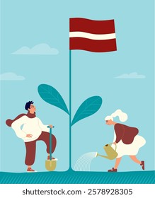 Cultivating Statehood: Growing Latvia Independent Future. Concept for Independence day celebration. Flat vector illustration