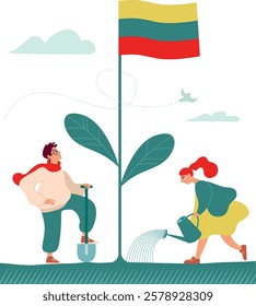 Cultivating Statehood: Growing Lithuania Independent Future. Concept for Independence day celebration. Flat vector illustration