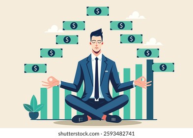 Cultivating a wealth mindset. Businessman meditating amidst falling money, symbolizing financial abundance,  financial freedom, growth, and achieving success through a positive mindset.