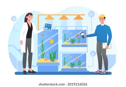 Cultivation of aquatic plant and animal for food. Modern agriculture technology. Farmer hand hold smartphone with wireless remote control. Flat cartoon vector concept design isolated white background