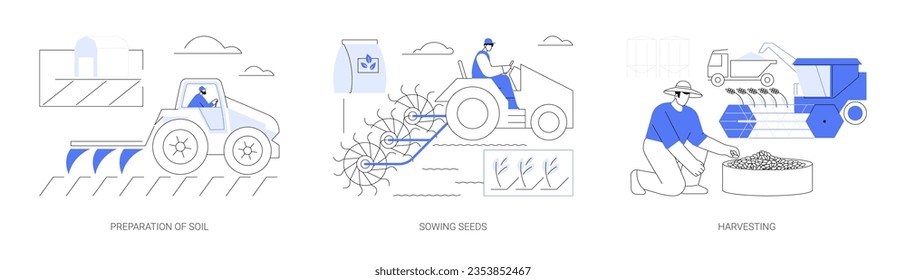 Cultivación de cultivos abstracto concepto de ilustración vectorial conjunto. El agricultor con tractor prepara el suelo, siembra de semillas, cultivo y cosecha de cultivos, maquinaria agrícola metáfora abstracta.