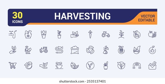 Cultivation and Farming line icons set. Related to agriculture, gardening, farming, planting, farmhouse, agronomy and more. Outline icon collections. Vector illustration.