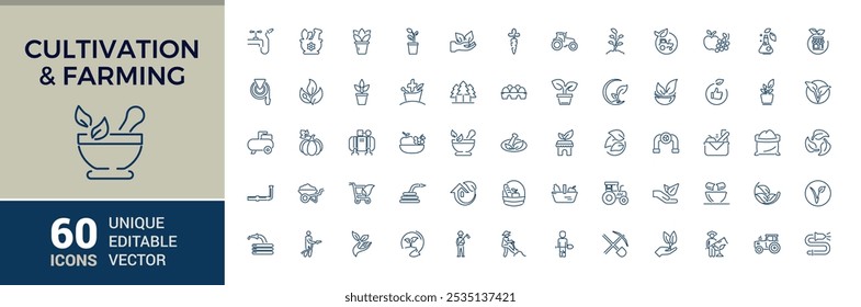 Cultivation and Farming line icons set. Related to agriculture, gardening, farming, planting, farmhouse, agronomy and more. Outline icon collections. Vector illustration.