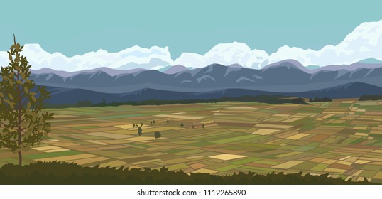 Cultivation field and mountains