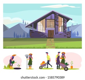 Cultivation flat vector illustration set. Farmer couple planting seedlings, gathering harvest. Gardening, agriculture concept