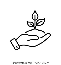 Cultivation Greenery Ecology Plant Linear Pictogram. Germinating Eco-Agriculture Outline Symbol. Hand Hold Organic Leaf in Soil Line Icon. Editable Stroke. Isolated Vector Illustration.