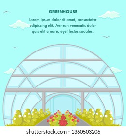 Cultivation House Social Media Banner Template. Bushes Growing in Modern Greenhouse. Greenery Industry Poster Flat Layout. Cartoon Clouds, Birds in Blue Sky. Hothouse Vector Illustration