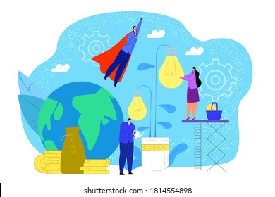 Cultivation of ideas concept, vector illustration. People, managers or investors cultivating light bulb growing in giant pot. Invest in best ideas, innovative investment and financial profit.