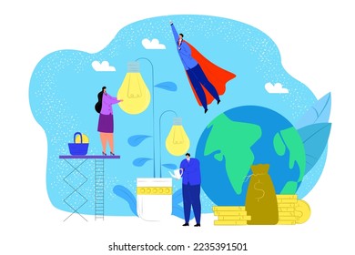 Cultivación del concepto de ideas, ilustración vectorial. Gente, gerente o inversionistas cultivando bombilla en ollas gigantes.