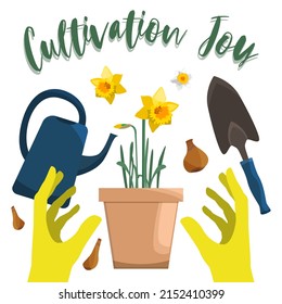 Cultivation Joy Set With Gloved Hands, Sprinkler, Shovel And Daffodil In A Pot. Isolated On White Background