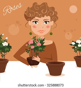 Cultivation of roses, care for roses. Cartoon character. Transplanting