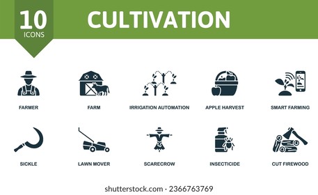 Cultivation set. Creative icons: farmer, farm, irrigation automation, apple harvest, smart farming, sickle, lawn mover, scarecrow, insecticide, cut firewood.