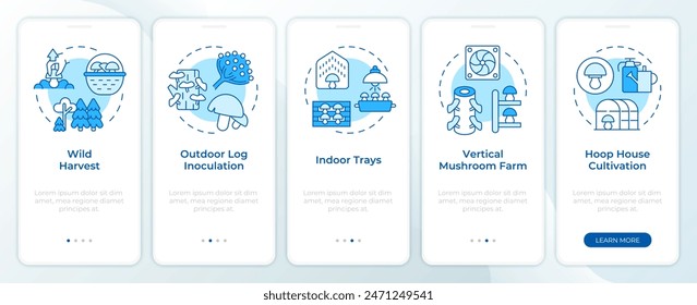 Cultivation techniques blue onboarding mobile app screen. Walkthrough 5 steps editable graphic instructions with linear concepts. UI, UX, GUI template