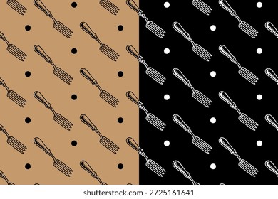 Cultivator fork garden tool with dot retro illustration seamless pattern on tan black background set for farm and landscape. Garden fork with dotted vintage hand drawn pattern motif wallpaper