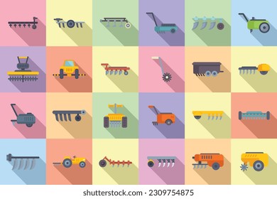 Cultivator machine icons set flat vector. Agriculture engine. Farm care