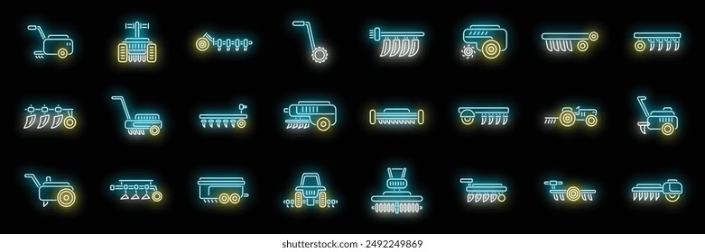 Cultivator machine icons set outline vector. Agriculture engine. Farm care neon color on black