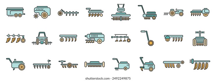 Cultivator machine icons set outline vector. Agriculture engine. Farm care thin line color flat on white