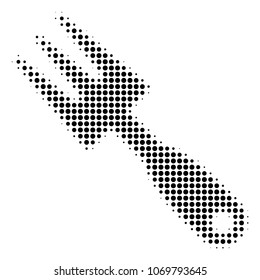 Cultivator Rake halftone vector pictogram. Illustration style is dotted iconic Cultivator Rake icon symbol on a white background. Halftone pattern is round elements.