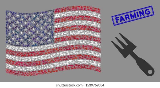 Cultivator rake items are arranged into American flag stylization with blue rectangle distressed stamp seal of Farming caption.