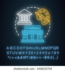 Cultural activities neon light concept icon. Leisure, pastime, entertainment idea. Glowing sign with alphabet, numbers and symbols. Visiting cinema, city sightseeing tour. Vector isolated illustration