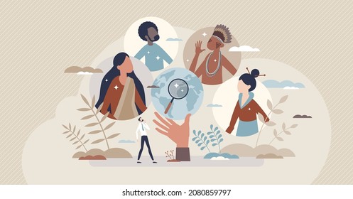 Cultural anthropology as various ethnic group research tiny person concept. Explore multiracial and multiethnic society and community people for scientific diversity behavior study vector illustration