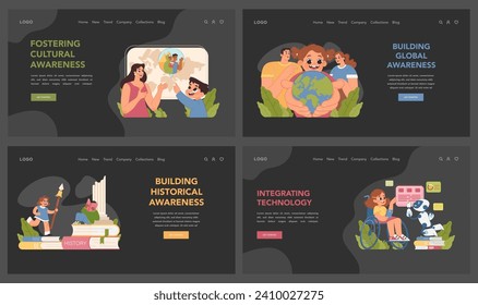 Cultural awareness set. Children embracing global and historical knowledge, enhancing their understanding and connection with the world. Parents teaching kids about cultures. Flat vector illustration