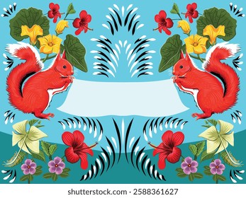 Cultural Bengali Art. A vibrant rickshaw painting style squirrel and floral illustration, representing traditional Bangladeshi folk art. Perfect for prints, decor, textiles, and digital projects.