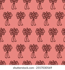 Cultural Celebrations Red Knot Art Symbol Pattern. Ideal for Lunar New Year designs, festive decorations, or cultural-themed projects, Perfect for wallpapers, wrapping papers, or digital artwork