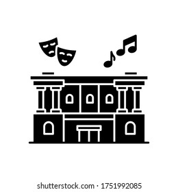 Cultural center black glyph icon. Theater performance. Opera modern building exterior. Classic architecture. Entertainment event. Silhouette symbol on white space. Vector isolated illustration