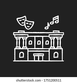 Cultural center chalk white icon on black background. Theater performance. Opera modern building exterior. Classic architecture. Theatre premier show. Isolated vector chalkboard illustration