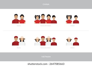 Diferenças culturais de roupas da China e do Vietnã. Famílias chinesas e vietnamitas em roupas como Changshan, Cheongsam ou Qipao, e Ao Dai emparelhado com Non La ou Khan Dong