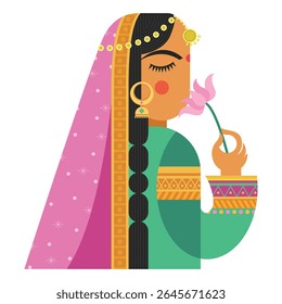 Cultural colorful Indian girl with lotus flower vector with traditional dress