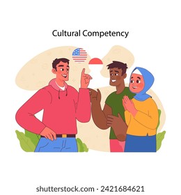 Cultural competency concept. Diverse individuals celebrate multicultural understanding and respect. Value of global interconnection. Showing awareness of countries traditions. Flat vector illustration