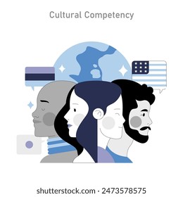 Cultural Competency concept. Illustration representing diverse communication and understanding. Multiple profiles with national symbols expressing unity. Vector illustration.