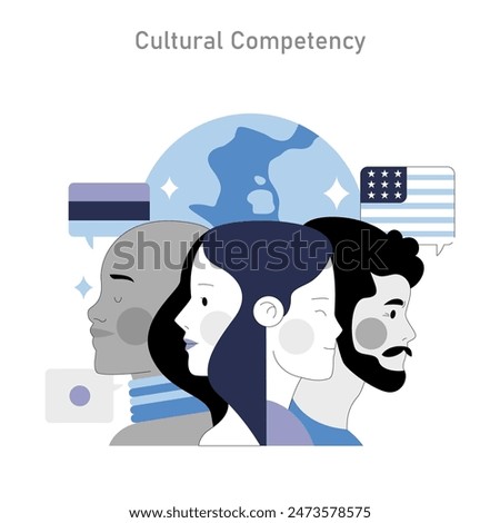 Cultural Competency concept. Illustration representing diverse communication and understanding. Multiple profiles with national symbols expressing unity. Vector illustration.