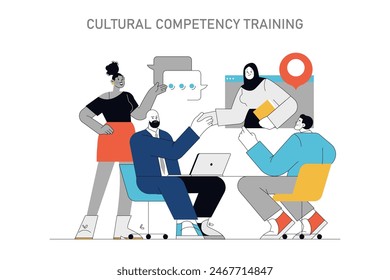 Cultural Competency Training concept. Diverse group engages in interactive learning to foster understanding. Inclusion and diversity workplace education. Vector illustration.