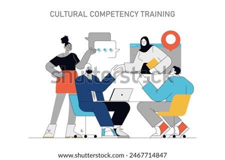 Cultural Competency Training concept. Diverse group engages in interactive learning to foster understanding. Inclusion and diversity workplace education. Vector illustration.