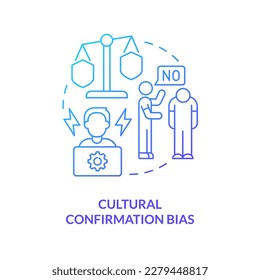 Cultural confirmation bias blue gradient concept icon. Cognitive prejudice example in interviewing abstract idea thin line illustration. Isolated outline drawing. Myriad Pro-Bold font used