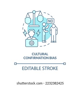 Cultural confirmation bias turquoise concept icon. Unconscious prejudice in hiring abstract idea thin line illustration. Isolated outline drawing. Editable stroke. Arial, Myriad Pro-Bold fonts used