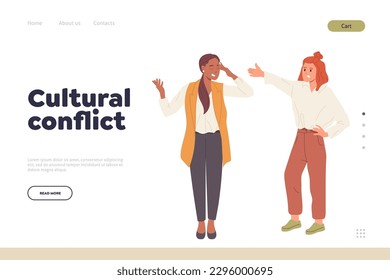 Cultural conflict concept for landing page with angry multiracial women quarrelling and shouting