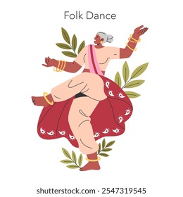 Conceito de dança cultural. Uma ilustração capturando a essência viva da dança folclórica tradicional com uma figura feminina dinâmica. Ilustração vetorial.