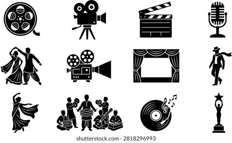 Cultural dance styles and musical ensemble silhouette set.