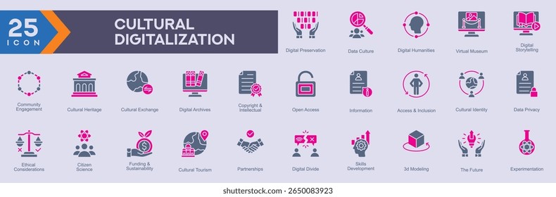 Cultural Digitalização ícones coleção imagens vetoriais em estilo glifo duplo tom,
contendo várias preservação digital, cultura de dados, também pode ser usado para ícones da Web e de aplicativos,